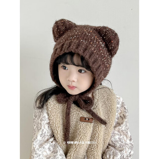 SOMUBAY Children's Hat Autumn and Winter Korean Style Casual Girls Cute Bear Lace Knitted Ear Hat Boy Baby Wool Hat Brown Color 170 Reference Age 2-6 Years Old_48-52cm_One Size