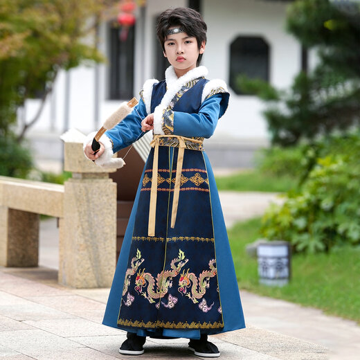 Anneyol Boys' Hanfu Autumn and Winter Chinese Style Ancient Costume Winter Children's Ancient Style Young Master Handsome Tang Suit Plus Velvet Blue 140