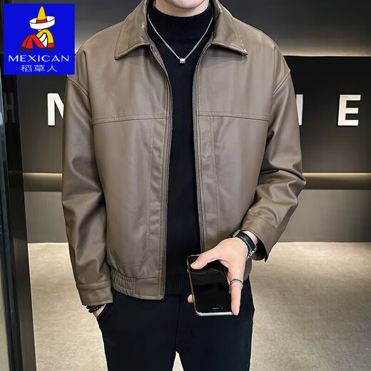 Men's Short Leather Jacket Men's Handsome New Autumn and Winter Motorcycle Leather Jacket Brown L