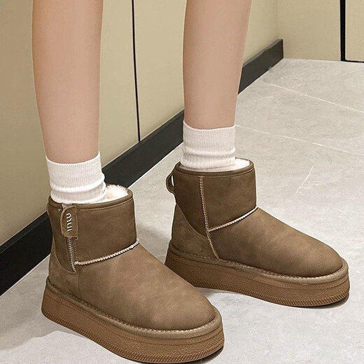 Thick-soled snow boots for women 2025 new winter velvet thickened and warm women's cotton boots non-slip women's cotton shoes brown 37