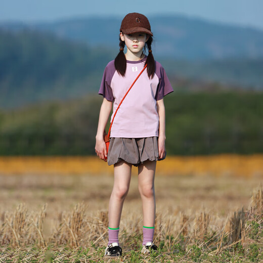 涂碟幽女童短袖T恤夏季中大童气质甜美套头百搭子装插肩袖拼接上衣 芋紫(短袖)ANT50206YZ抽绳短袖T 130 cm