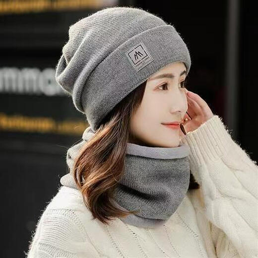 KAROND autumn and winter hat women's warm and cold-proof woolen hat knitted hat Korean version versatile cycling winter confinement hat pile hat gray hat + scarf plus velvet 56-56 one size fits all