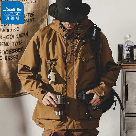 Jeanswest American Retro Workwear Jacket Men's Spring and Autumn Mountain Style Functional Outdoor Urban Commuting Men's Ami Khaki Jacket Khaki 2XL Suitable for 160-180Jin Jin is equal to 0.5 kg