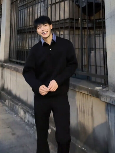 He Jiagong fake two-piece POLO shirt men's autumn old money style long-sleeved T-shirt cleanfit silhouette Henry collar sweatshirt black Noveli M