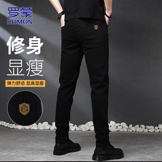 ROMON Jeans Men's Autumn and Winter Business Casual Straight Pants Men's Stretch Slim Pants Black 33
