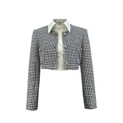 格子外套女短款玫瑰故事黄亦玫感纽扣长袖小香风外衣 衬衣 S S