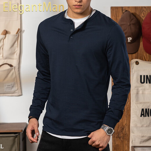 ElegantMan American retro royal blue cotton long-sleeved henley T-shirt open collar tough guy outer wear henley collar bottoming shirt men's autumn royal blue M