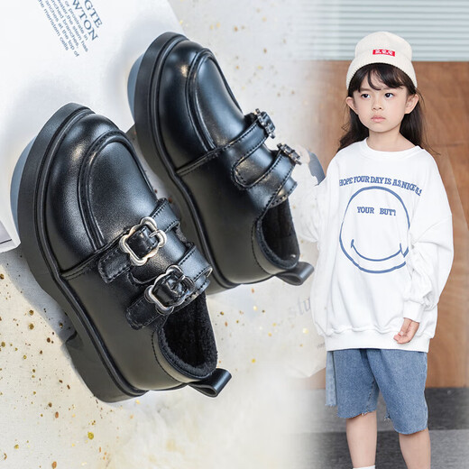 Girls' Velvet Leather Shoes 2025 Winter New Children's Princess Shoes College Style Small Single Shoes Soft Sole Black Loafers Black Velvet Size 33 Inner Length Approximately 20.2CM