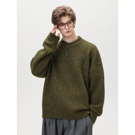 Heavy textured loop yarn pullover sweater for men in autumn and winter loose silhouette Henry collar sweater retro casual jacket charcoal gray L