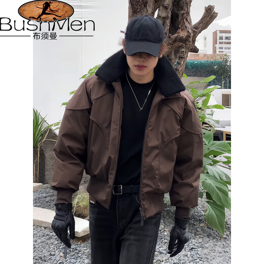 Bushman Lamb Velvet Collar Short Thickened Silhouette Cotton Coat Men's Winter Handsome Workwear Top Designed Cotton Coat Jacket Brown Upgraded L