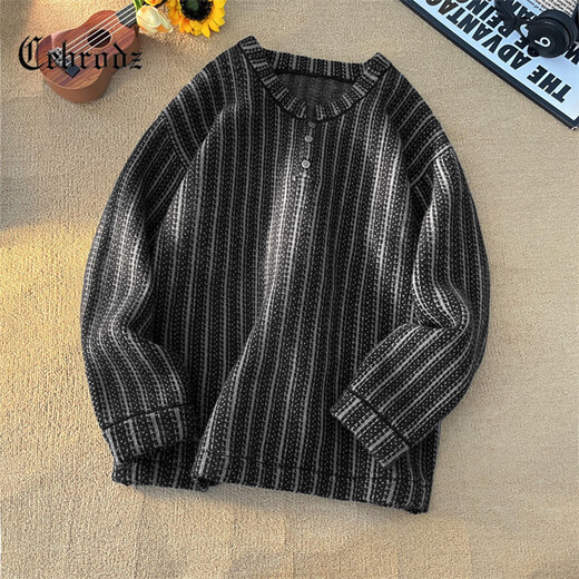 Cebrodz French Sweater Men's Autumn and Winter Herringbone Henley Collar Loose Clothes American Knitwear Trendy Brand Casual Jacket White L