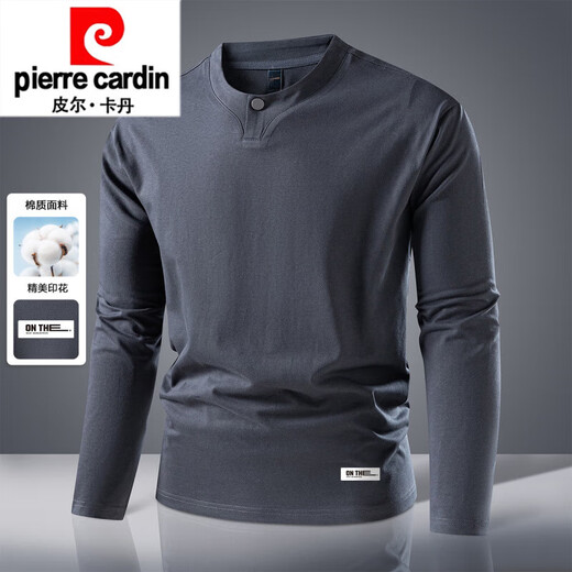 Pierre Cardin heavyweight Milan color spring and autumn new four-button Henry collar men's long-sleeved T-shirt business top bottoming shirt knitted dark gray L 175/92A