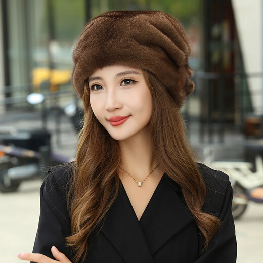 Princess Mink Fur Hat Women's Whole Mink Middle-aged and Old Mink Fur Straw Hat Women's Winter Mink Hat Pile Hat Mink Velvet Mink Fur Winter Brown S(54-56cm)