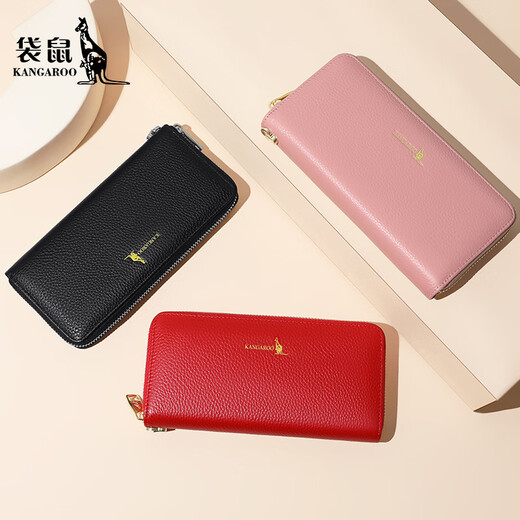 Kangaroo (KANGAROO) long wallet women's genuine leather zipper clutch 2025 new first layer cowhide clip women's clutch clutch bag elegant red