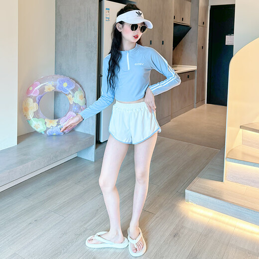 He Jiagong girls' swimsuit with good looks 2025 new style children's Western-style two-piece swimsuit for big children and girls long-sleeved sun protection swimming blue long-sleeved two-piece 120 cm