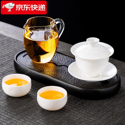 Xiangye Mutton Fat Jade Kung Fu Tea Set Sancai Covered Bowl Three-piece Set with Tea Tray Complete Set for Guests to Make Teapot and Drink Tea Cup Yunchu Pure White Covered Bowl Two-cup 4-piece Set + Gourd Tray