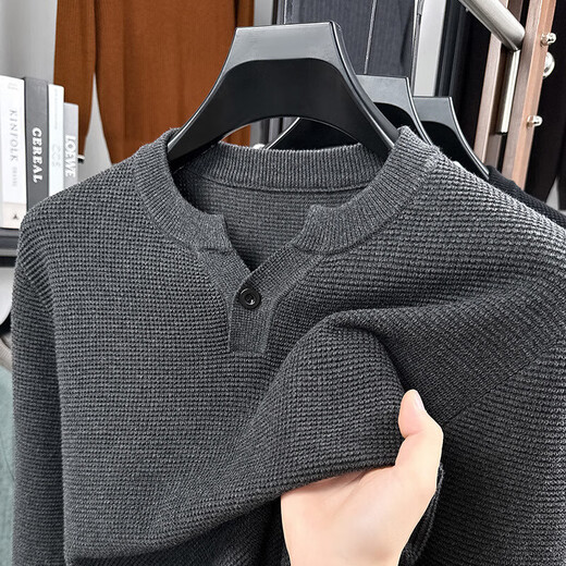 Playboy (PLAYBOY) Henry collar knitted cotton long-sleeved T-shirt for men, spring and autumn casual, light and mature, simple solid color slim fit bottoming shirt top, dark gray L recommended 120-140Jin Jin equals 0.5 kg)