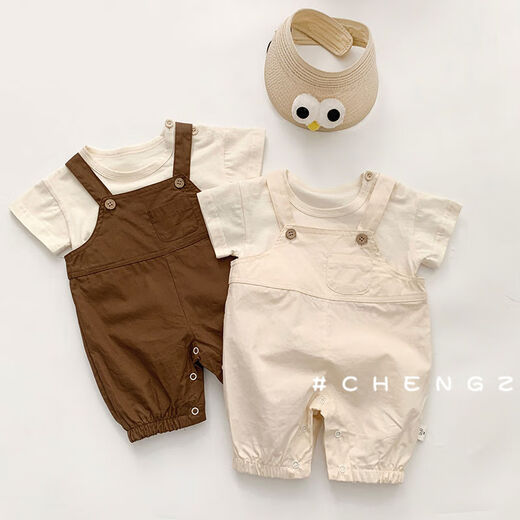 Ins Korean style infant clothes, summer clothes for men and women, all-match open overalls jumpsuit, outdoor climbing suit, khaki 66cm 66cm