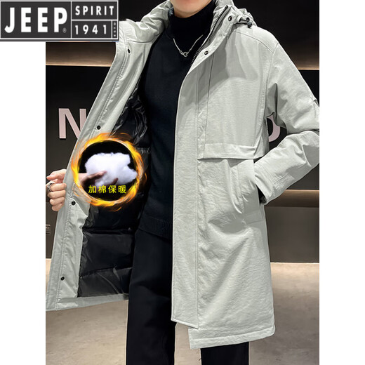 JEEP SPIRIT冬季潮胖男痞帅派克连帽加棉风衣棉衣棉服加肥大码加厚中长款外套 【加棉】军绿 加厚 L 165：115斤以内