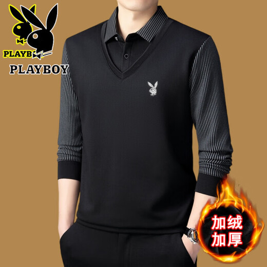 Playboy (PLAYBOY) high-end fake two-piece sweater men's velvet thickened bottoming shirt 2026 winter new casual loose warm wool sweater Shangqing 6658 style velvet thickened 2XL 180