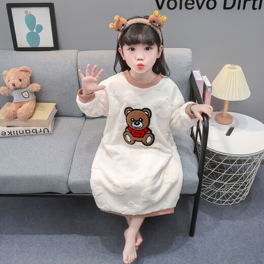 Girls autumn and winter flannel nightgown baby girl home clothes cute children girls coral velvet pajamas thickened sleeping bag off-white high density jacquard bear nightgown 90