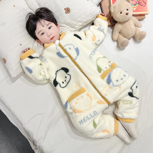 Langsha children's one-piece pajamas autumn and winter flannel thickened one-year-old baby sleeping bag boy coral velvet anti-kick quilt off-white double layer plus velvet thickened M 80cm