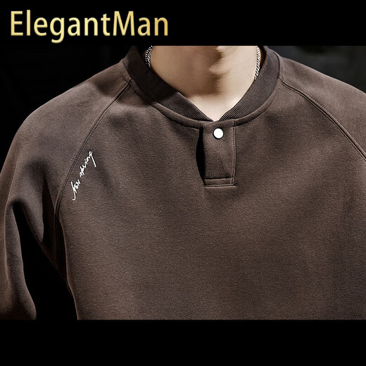 ElegantMan American retro heavyweight double-sided cotton sweatshirt for men 2025 autumn new loose Henry collar long-sleeved shirt for men dark brown M _suitable_-125Jin Jin is equal to 0.5 kg