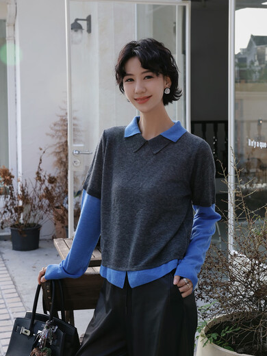 Xiaohongshu popular TT designer Seagull contrasting fake two-piece sheep wool T-shirt for women autumn new long-sleeved p gray M90-120Jin Jin equals 0.5 kg one size