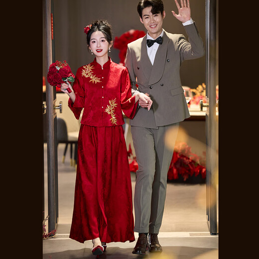 Vimadtly maternity toast dress temperament bride wedding engagement dress skirt cheongsam new Chinese wedding dress large size fat mm to cover the belly burgundy top + skirt 3XL