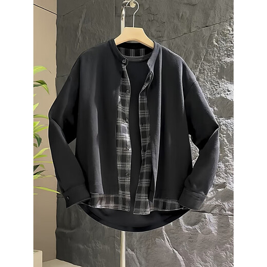 Xiaohongshu Autumn New Simple Fake Two Piece Henley Collar Cardigan Sweater Men's Trendy Loose and Versatile Black M 100-120Jin Jin is equal to 0.5kg