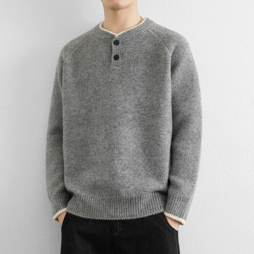 MONTAGUT Wool Blended Henley Collar Retro Sweater Men's Winter New Thickened Warm Sweater with Pullover Top Light Gray L 120-140Jin Jin equals 0.5kg