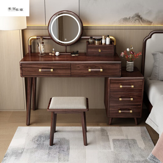 MIKEMIJIA Gujia New Chinese Dressing Bedroom Black Gold Wood Dressing Table Complete with Mirror Cabinet Storage Dressing Table 310# Dressing Table + Makeup Mirror + Makeup Stool + Storage Box Semi-Assembled (Just Install the Feet and Mirror Frame) x Black Gold Wood
