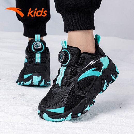ANTA (ANTA) children's shoes, boys' shoes, sports shoes, warm plus velvet cotton shoes, autumn non-slip outdoor leisure sports snow boots for middle and large children, black/fluorescent aqua-4 35