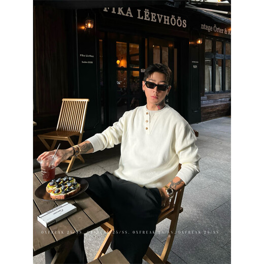 ROAR UTHAUG custom mother-of-pearl buckle old money style fake two-piece Henry collar sweater for men autumn and winter warm sweater black S