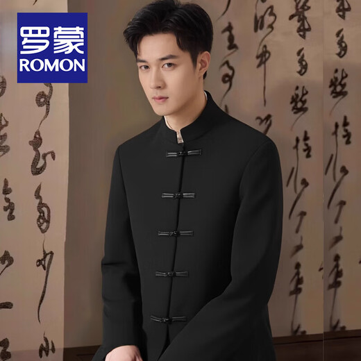 ROMON New Chinese style stand collar tunic suit suit for men engagement wedding groom Chinese style buckle Tang suit suit jacket black jacket + pants L (recommended 142-155 Jin Jin equals 0.5 kg)