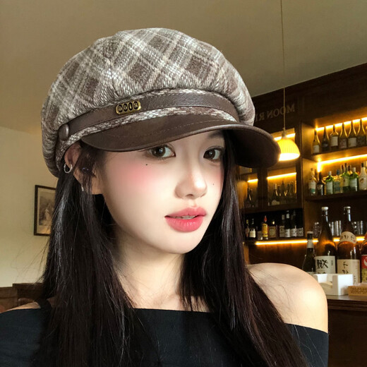 Wanjia Zhenmeilad coffee plaid octagonal beret women's autumn and winter big head circumference showing face small literary newsboy painter hat coffee plaid