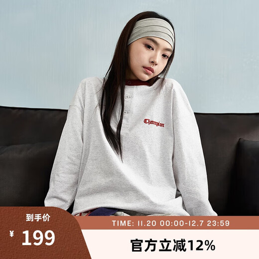 Champion long-sleeved T-shirt men's color-blocked Henry collar bottoming shirt pure cotton top women's twist gray L