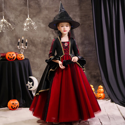 Xiaokayinon Halloween children's costume girl princess dress witch little girl costume prom dress cosplay character burgundy long style (star hat + cloak) 130
