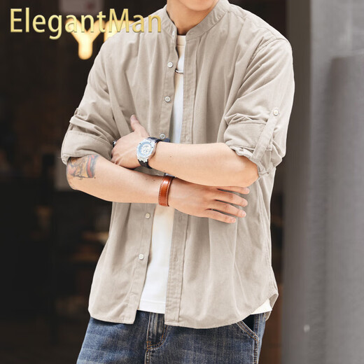 ElegantMan high-end vintage Henry collar long-sleeved shirt men's loose autumn new casual shirt jacket apricot XL_suitable for 150-170Jin Jin equals 0.5 kg