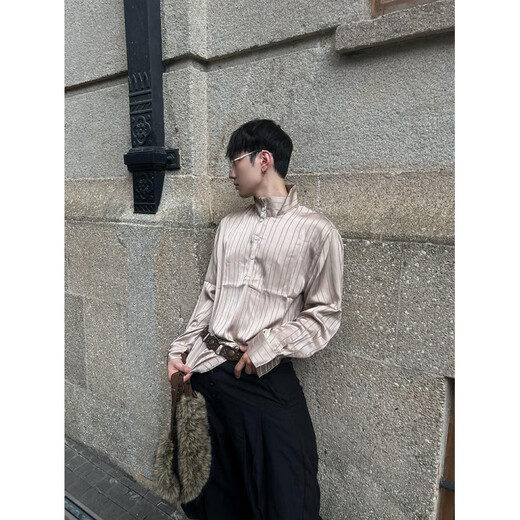 Zhaoxun old money style shirt retro striped noble glossy lazy style top men's loose drape silky Henry collar shirt white high quality M