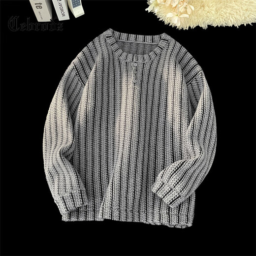 Cebrodz French Sweater Men's Autumn and Winter Herringbone Henley Collar Loose Clothes American Knitwear Trendy Brand Casual Jacket White L
