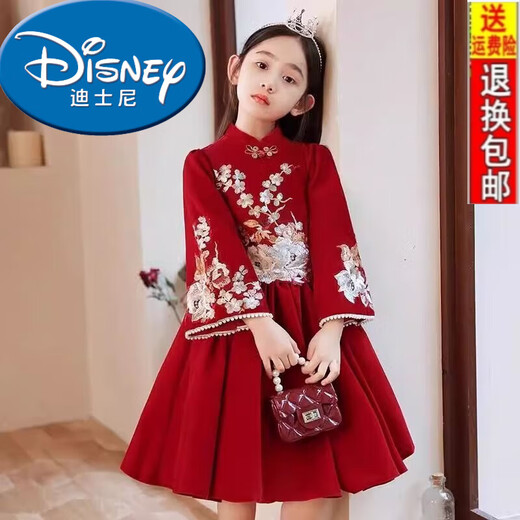 Disney (Disney) 25 new red dress princess winter velvet children's long-sleeved skirt girls autumn and winter dress spring and autumn new year velvet skirt 1755* red 160