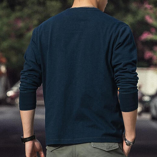 Style Retro Henley Long Sleeve T-Shirt Men's 2025 Autumn 250g Pure Cotton Side Seamless Henley Collar Bottoming Shirt Denim Blue 250g Pure Cotton S S Reference 100-125Jin Jin is equal to 0.5 kg