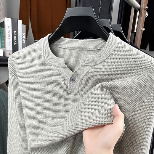 ERDOS Ordos city's new autumn henley collar long-sleeved men's sweater solid color 2025 pineapple texture oatmeal gray 2XL - recommended 160-175Jin Jin equals 0.5 kg