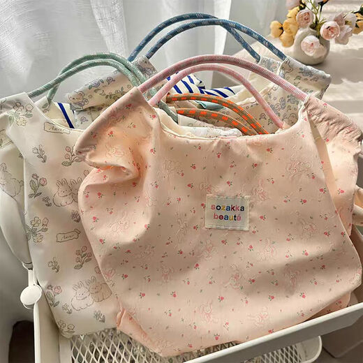 New Cute Floral White Rabbit Canvas Bag Women's Shoulder Bag Large Capacity Handbag Carrying Book Bag Tote Bag Pink Long-eared Rabbit High-Quality Version - No Ornaments