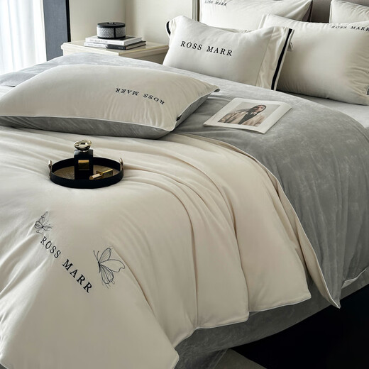Xinneng Mercury Home Textiles produces winter Class A milk velvet four-piece set, thickened coral velvet bedding, skin-friendly and naked sleeping, baby velvet - white gray, fitted sheet, 1.8m four-piece set - quilt cover 220x240cm