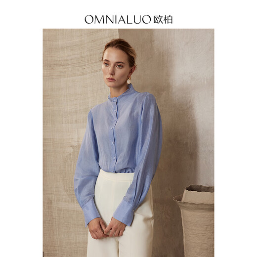 OMNIALUO Oberano high-end stand-up collar linen shirt women's long-sleeved 2025 autumn new commuter OL temperament mulberry silk top B09 blue S