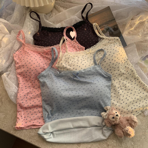 Sweet hot girl blue lace camisole women's summer bm floral inner bottoming short top with breast pads black floral one size