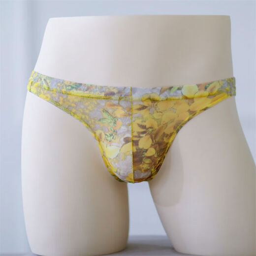 New practical men's thong men's sexy lace mesh underwear low waist seamless breathable printing ultra-thin personality yellow M