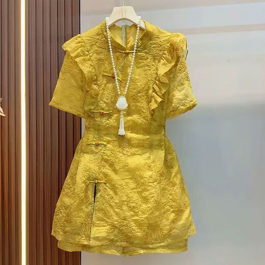 New Chinese style national style suit waisted half-sleeved fungus top fat girl short-sleeved shirt skirt shorts two-piece set yellow two-piece set 3XL 3xl suitable for 120-150Jin Jin equals 0.5 kg